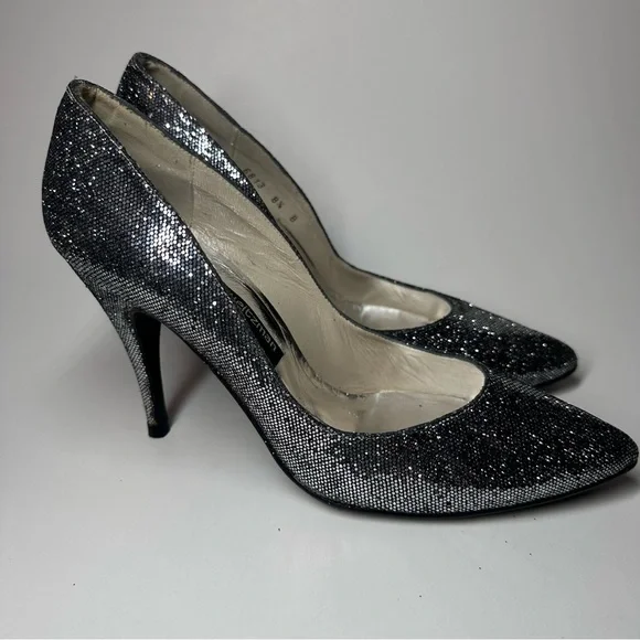Stuart Weitzman Heels Pointed Toe Pumps Sparkle Glitter Bridal Glam Leather 8.5B - Picture 4 of 12